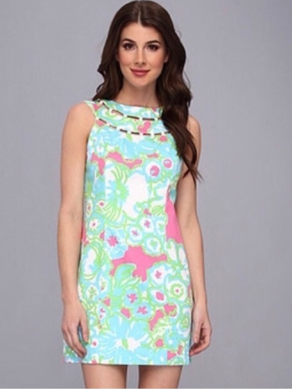 Lilly Pulitzer Sleeveless Floral Shift Dress aqua Pink green Beaded Lindy Mini